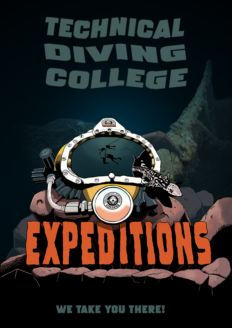 This poster was designed to promote technical wreckdivetrips of Technical Diving College. 